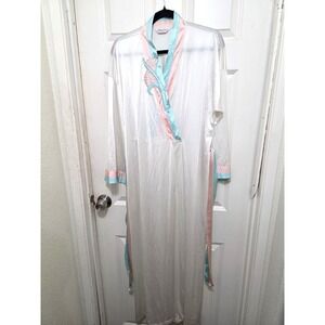 Vintage Vanity Fair White Satin Long Y2K 80s Victorian Robe Pastel Pink & Blue E